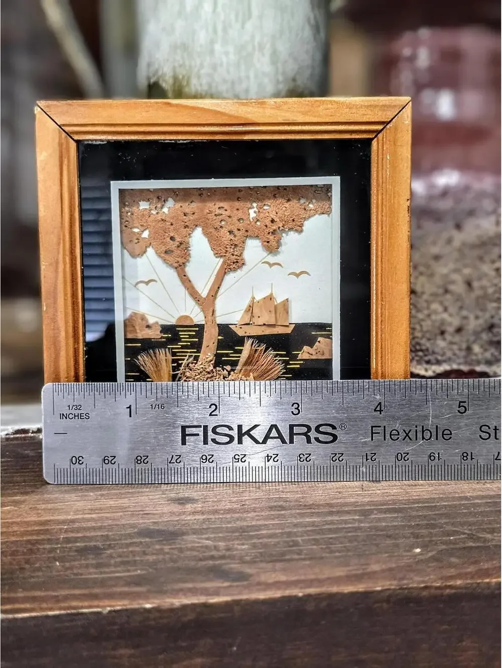 Vintage 1970s Chinese Cork Diorama, 3D Hand-Carved Seascape Shadow Box